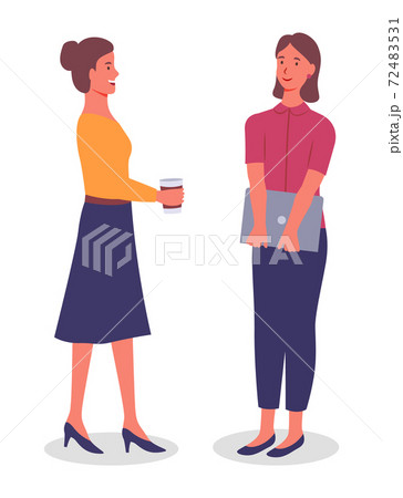 Office workers, women communicate, drink coffee, meeting in office. colleagues. Flat vector image 72483531