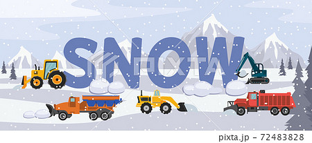 Winter snowy cityscape with snowplough cars flat vector illustration. Winter snowy cityscape with snowplough cars flat vector illustration. 72483828