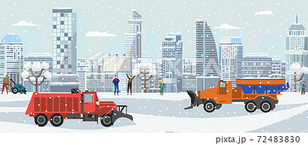 Winter city landscape with snow plow trucks cleaning streets in snowfall Winter city landscape with snow plow trucks cleaning streets in snowfall 72483830