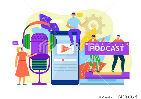 Online podcast with radio microphone, audio technology at smartphone vector illustration. People voice communication at mobile phone. Online podcast with radio microphone, audio technology at smartphone vector illustration. People voice communication at mobile phone. 72483854
