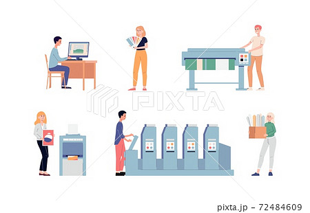 Typography or offset print store employees flat vector illustrations isolated. 72484609