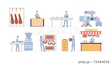 Stages processing of raw meat to ready made food a vector flat illustration Stages processing of raw meat to ready made food a vector flat illustration 72484658