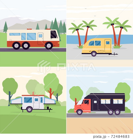 Camping trailers for travel, tourism and adventure during summer vacation. 72484683