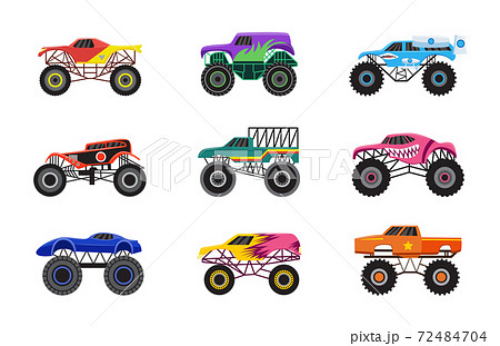 Set Of Cartoon Monster Trucks Or Racing Cars のイラスト素材