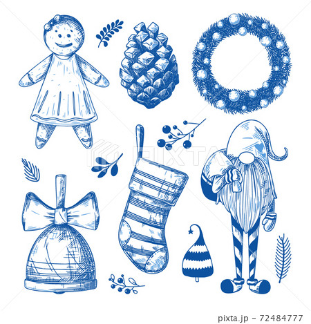 Christmas set. Different Christmas elements on a white background. Sketch 72484777