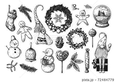 Big Christmas set. Toys, snowman, wreath and other Christmas elements. Sketch 72484779