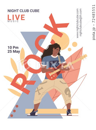 Vector cartoon flat character on live rock music fest plays guitar- web ad banner stories,night club party flyer,musical festival,open air poster social media post concept on abstract background 72485551
