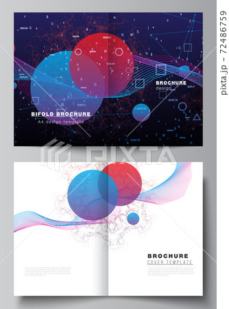 Vector layout of two A4 cover mockups templates for bifold brochure, flyer, magazine, cover design, book design. Artificial intelligence, big data visualization. Quantum computer technology concept. 72486759