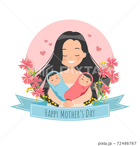 Happy Mother's day celebration. Mom holding twin babies. Flat vector illustration. 72486767