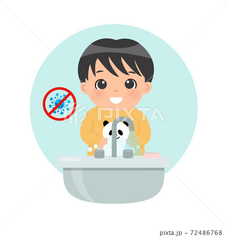 Cute little boy washing his hand at sink to prevent bacteria and coronavirus. Flat vector cartoon style isolated on white. 72486768