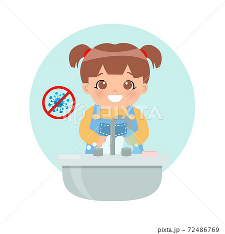Cute little girl washing her hand at sink to prevent bacteria and coronavirus. Flat vector cartoon style isolated on white. 72486769