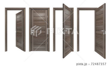 Set of modern, solid hard wood, single, 3D realistic entrances. Front view of closed and open intside, outside doors with grey oak wooden planks 72487357
