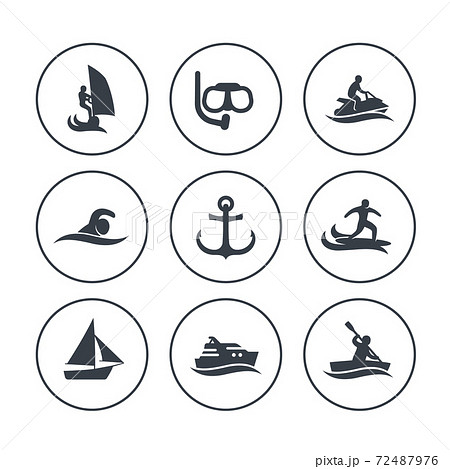 water sports icons, surfing, sailing, diving 72487976