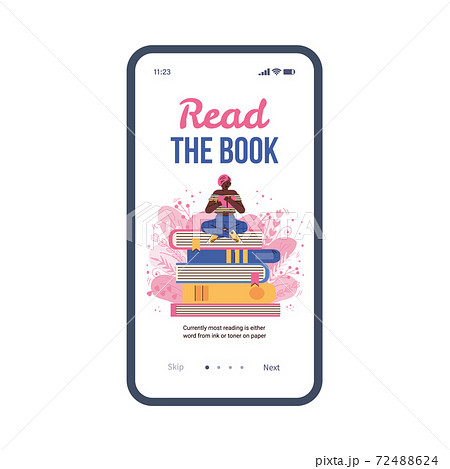 Vector mobile phone screen with girl literature fan or student reading book 72488624