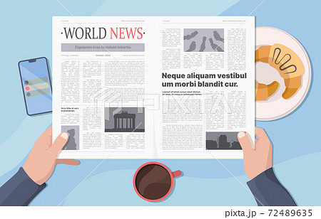 Hands holding newspaper. Businessman reading news and drinking morning coffee garish vector concept 72489635