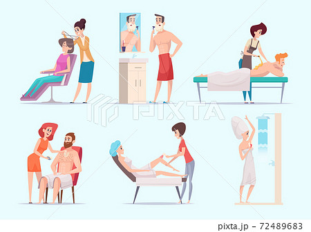 Body depilation. Man and woman laser epilation skin treatment exact vector illustration set 72489683