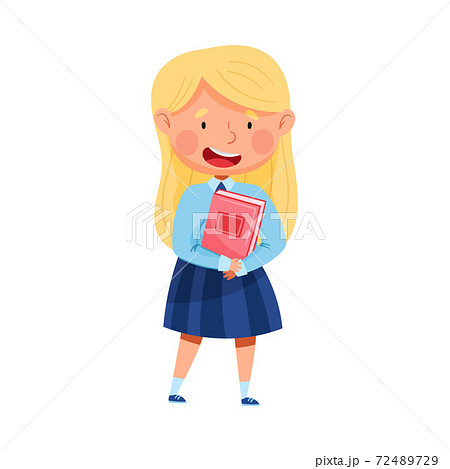 Cute Schoolgirl in Blue Uniform Holding Pupil Book Vector Illustration 72489729