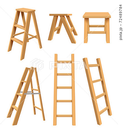 Wooden ladders. Interior household equipment standing on tools for home library step ladder for bookshelf vector realistic illustrations 72489784