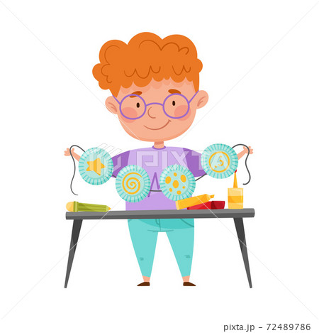 Inventive Boy Engaged in Upcycling Reusing Recyclable Material Vector Illustration 72489786