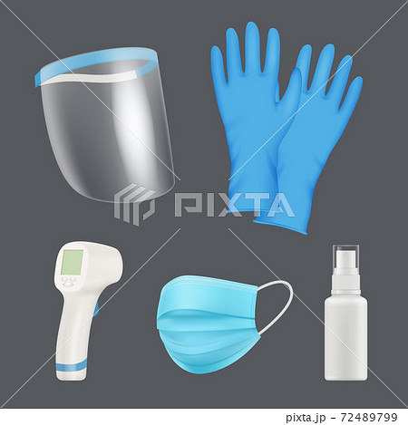 Self protection equipment. Realistic medical tools face shield mask thermometer coronavirus preventative vector elements 72489799