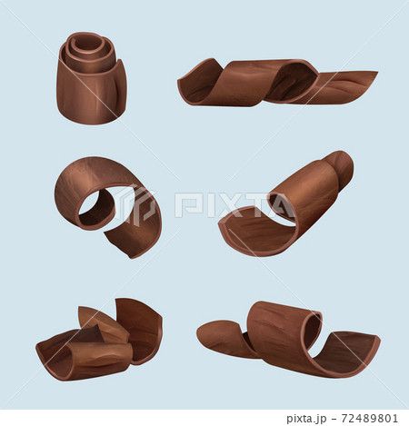 Shaving chocolate. Gourmet products delicious food dark curl of chocolate vector realistic illustrations Shaving chocolate. Gourmet products delicious food dark curl of chocolate vector realistic illustrations 72489801