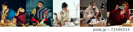 Collage of ill people feeling sick and healthy people avoiding virus spreading with panic 72490334