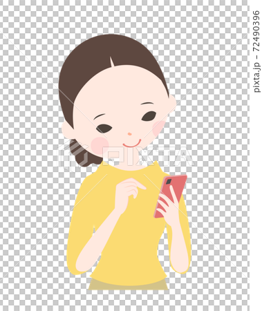 操作帶有微笑的智能手機的年輕女子上身[沒有主線] 72490396