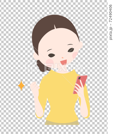 A young woman who looks at her smartphone and makes a guts pose with a smile. Upper body [no main line] 72490406