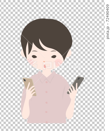 A young woman holding a smartphone in both hands and comparing her upper body [no main line] 72490409