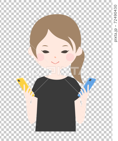 一名年輕女子雙手捧著智能手機，上身[無主線] 72490430