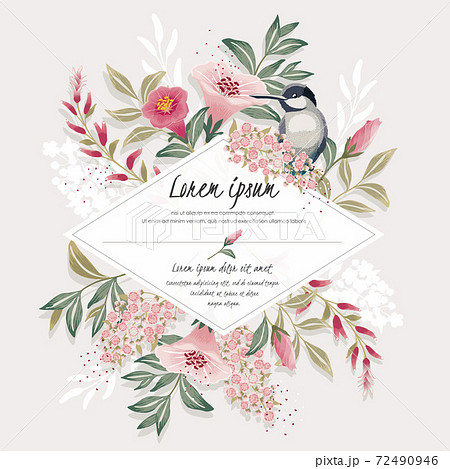 Vector illustration with a cute bird on a floral branch in spring for Wedding, anniversary, birthday and party. Design for banner, poster, card, invitation and scrapbook  72490946