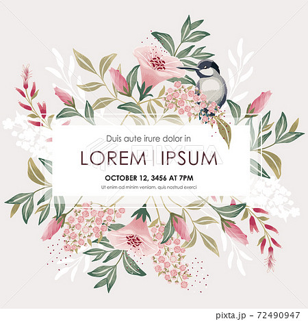 Vector illustration with a cute bird on a floral branch in spring for Wedding, anniversary, birthday and party. Design for banner, poster, card, invitation and scrapbook  72490947