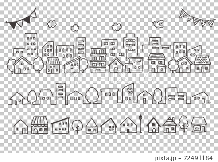手描きの街並みイラストセット 線画 72491184
