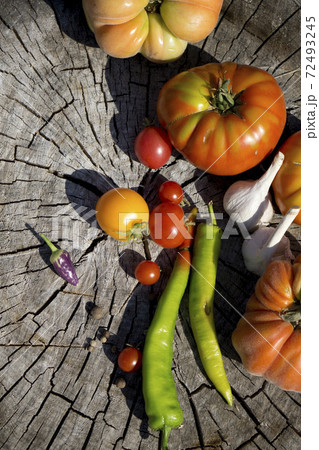 Fresh tomatoes. Colorful image with assorted colorful tomatoes. Rustic style. 72493245