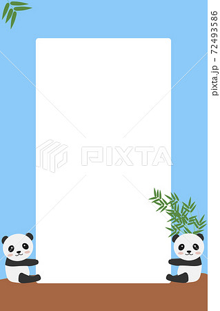 ホワイトボードを支える子供のパンダたち 看板 パンダ フレーム 縦 スマホサイズ 水色 笹の葉のイラスト素材