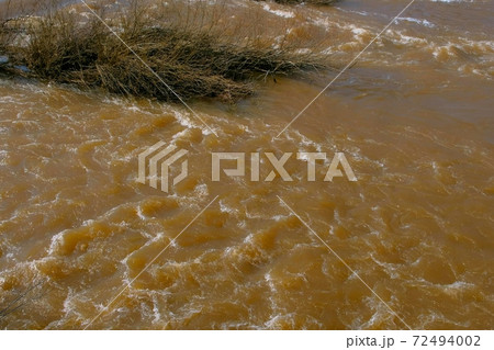 Streaming strong current on river at spring flood, high water. Streaming strong current on river at spring flood, high water. 72494002