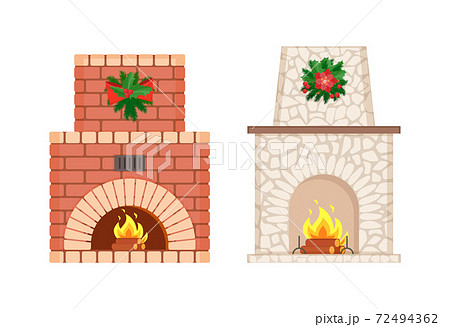 Fireplace with Wreath Made of Mistletoe Leaves 72494362