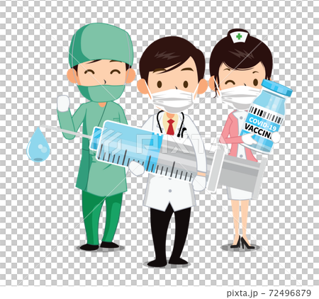 Coronavirus infection treatment, doctor holding a syringe and a nurse holding a vaccine Coronavirus infection treatment, doctor holding a syringe and a nurse holding a vaccine 72496879