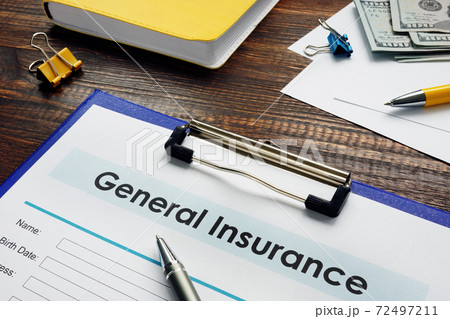 General insurance form with pan and money. 72497211