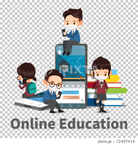 Male and female students wearing masks giving online lectures on smartphones to prevent coronavirus Male and female students wearing masks giving online lectures on smartphones to prevent coronavirus 72497419