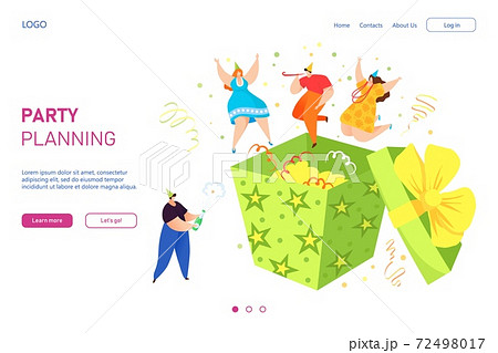 Party planning with cartoon tiny people landing vector illustration. Happy celebration organization concept, decoration modern creative gift. Party planning with cartoon tiny people landing vector illustration. Happy celebration organization concept, decoration modern creative gift. 72498017
