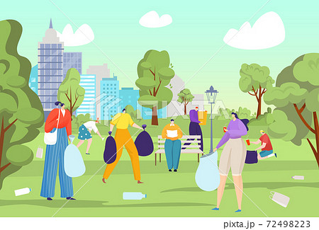 Clean up park from garbage, vector illustration. City environment ecology, volunteer community work with flat trash at nature Clean up park from garbage, vector illustration. City environment ecology, volunteer community work with flat trash at nature 72498223