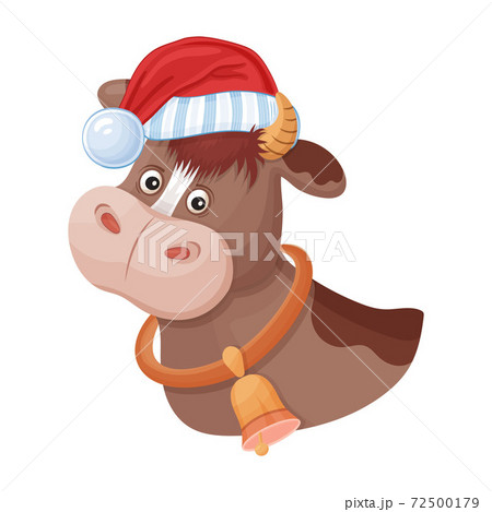Comic bull in Santa red hat. Animal mascot Chinese New Year 2021. Happy Christmas cartoon ox character. Zodiac. Head calf cow image for festive xmas greeting card design. Vector on white Comic bull in Santa red hat. Animal mascot Chinese New Year 2021. Happy Christmas cartoon ox character. Zodiac. Head calf cow image for festive xmas greeting card design. Vector on white 72500179