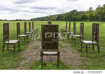 12 bronze chairs - Jurors artwork by Hew Locke in Runnymede, Surrey, United Kingdom 12 bronze chairs - Jurors artwork by Hew Locke in Runnymede, Surrey, United Kingdom 72503007