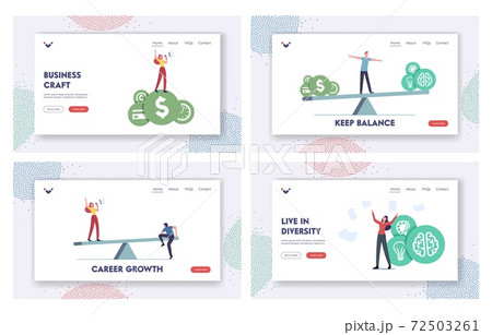 Balance at Work Landing Page Template Set. Tiny Characters Balancing on Huge Seesaw with Different Values, Money Balance at Work Landing Page Template Set. Tiny Characters Balancing on Huge Seesaw with Different Values, Money 72503261