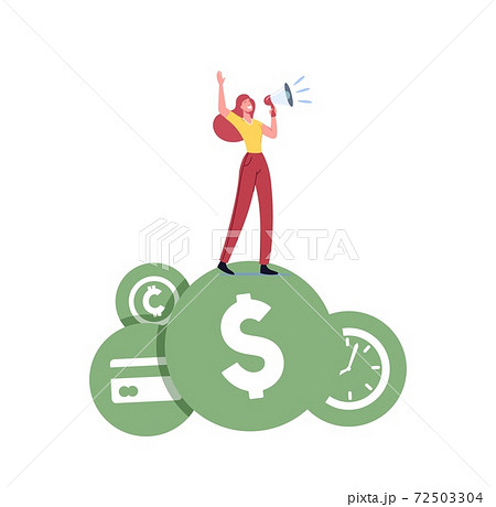 Tiny Female Character Yell in Loudspeaker Proclaim her Values Money, Finance Freedom, Time Isolated on White Background Tiny Female Character Yell in Loudspeaker Proclaim her Values Money, Finance Freedom, Time Isolated on White Background 72503304