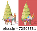 Family unpack gifts in front of christmas tree. Vector isometric men, woman and kid open present boxes. Isolated on white and red backgrounds. Low poly. 72503531