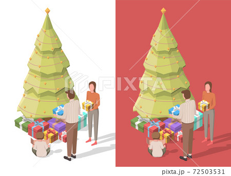 Family unpack gifts in front of christmas tree. Vector isometric men, woman and kid open present boxes. Isolated on white and red backgrounds. Low poly. Family unpack gifts in front of christmas tree. Vector isometric men, woman and kid open present boxes. Isolated on white and red backgrounds. Low poly. 72503531