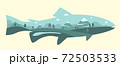 Flat vector landscape illustration inscribed in the form of fish. 72503533