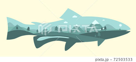 Flat vector landscape illustration inscribed in the form of fish. Flat vector landscape illustration inscribed in the form of fish. 72503533